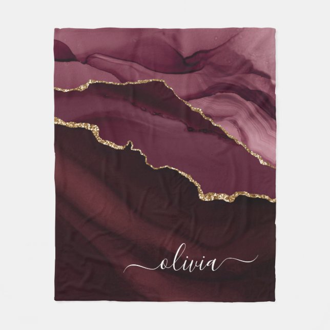 Burgundy Gold Agate Geode Gold Monogram Fleece Blanket (Front)