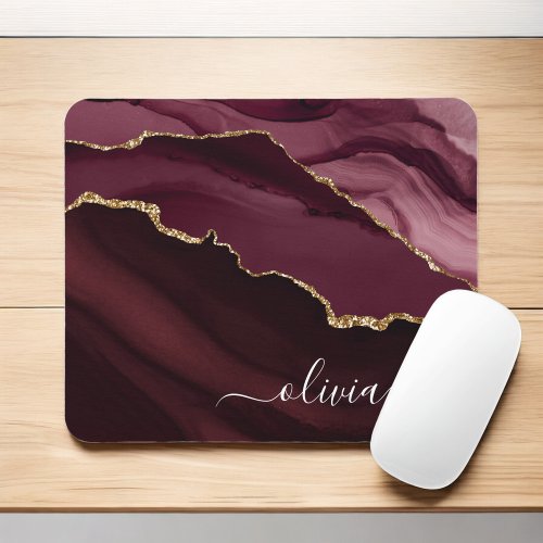 Burgundy Gold Agate Geode Gold Monogram Mouse Pad