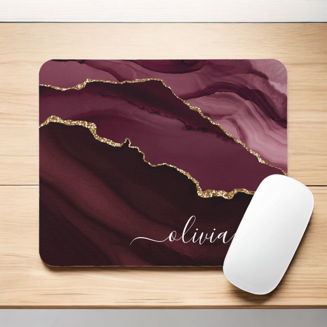 Burgundy Gold Agate Geode Gold Monogram Mouse Pad (Creator Uploaded)
