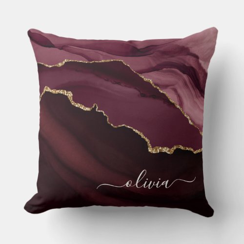 Burgundy Gold Agate Geode Gold Monogram Throw Pillow