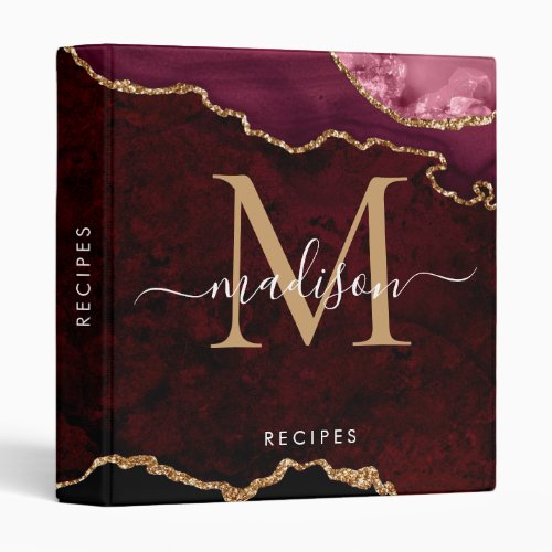 Burgundy Gold Agate Geode Script Name Glam Recipe 3 Ring Binder