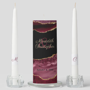 Burgundy Gold Agate Glitter Wedding Unity Candle Set