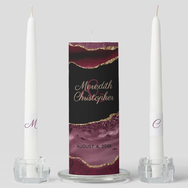 Burgundy Gold Agate Glitter Wedding Unity Candle Set (Front)