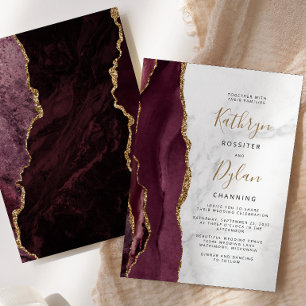 Burgundy Gold Agate Gray Marble Wedding Invitation