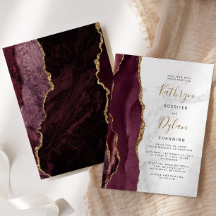 Burgundy Gold Agate Gray Marble Wedding Invitation