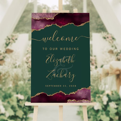 Burgundy Gold Agate Green Vertical Wedding Welcome Foam Board