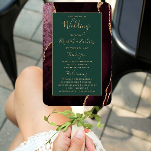 Burgundy Gold Agate Green Wedding Program Hand Fan