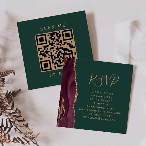 Burgundy Gold Agate Green Wedding QR Code RSVP Enclosure Card