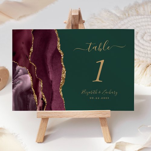 Burgundy Gold Agate Green Wedding Table Number