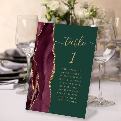 Burgundy Gold Agate Green Wedding Table Number Pedestal Sign