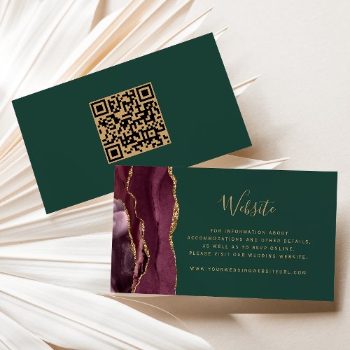 Burgundy Gold Agate Green Wedding Website QR Code Enclosure Card