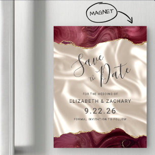 Burgundy Gold Agate Ivory Silk Save the Date Magnetic Invitation