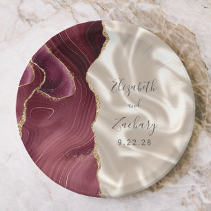 Burgundy Gold Agate Ivory Silk Wedding Paper Plates