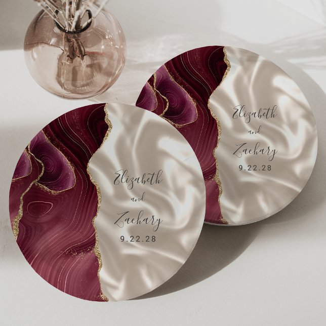 Burgundy Gold Agate Ivory Silk Wedding Paper Plates (Creator Uploaded)