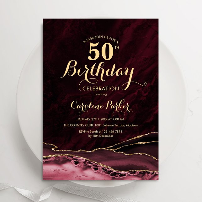Burgundy Gold Agate Marble 50th Birthday Invitation (Creator Uploaded)