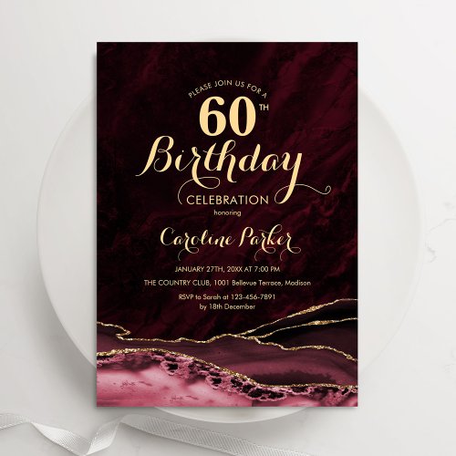 Burgundy Gold Agate Marble 60th Birthday Invitation