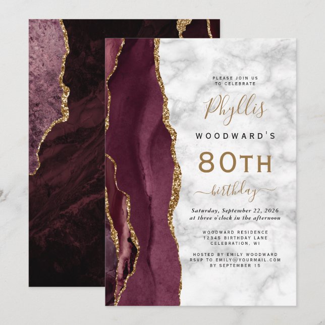 Burgundy Gold Agate Marble 80th Birthday Party Invitation (Front/Back)