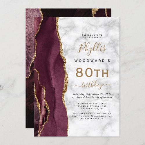 Burgundy Gold Agate Marble 80th Birthday Party Invitation