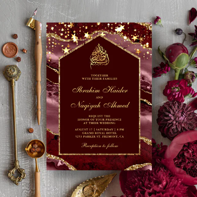 Burgundy Gold Agate Marble Arch Muslim Wedding Invitation | Zazzle