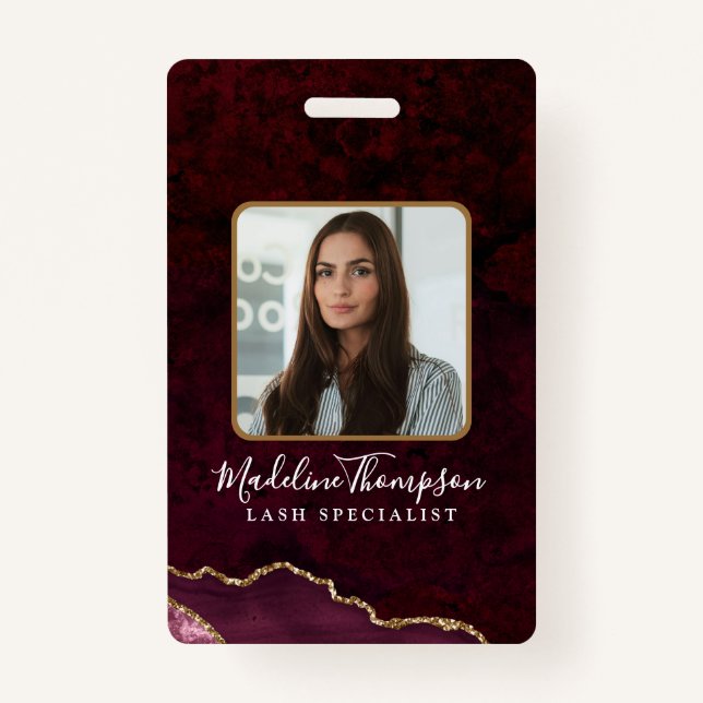 Burgundy Gold Agate Marble Business Company ID Badge (Front)