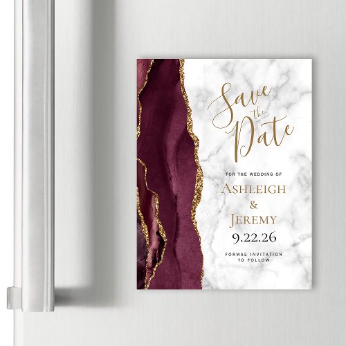 Burgundy Gold Agate Marble Magnetic Save the Date