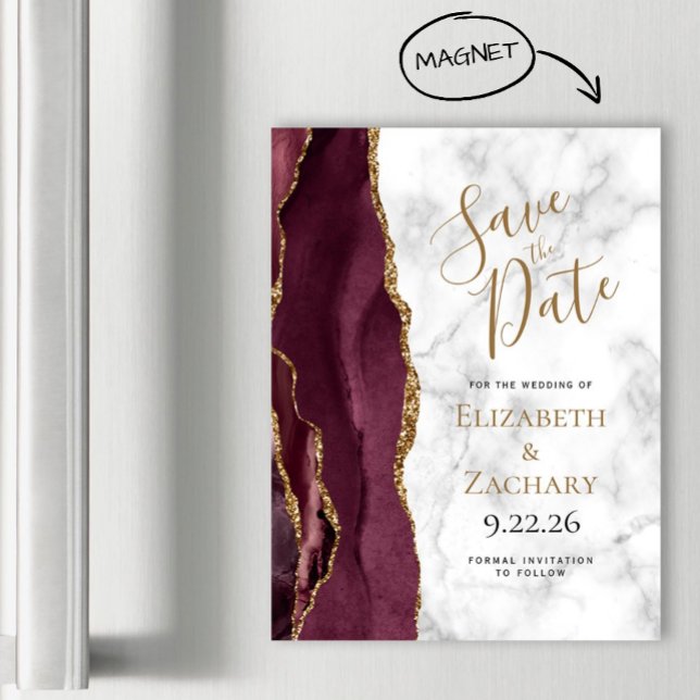 Burgundy Gold Agate Marble Magnetic Save the Date (Creator Uploaded)