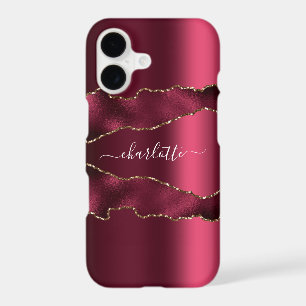Burgundy gold agate marble name script iPhone 17 case