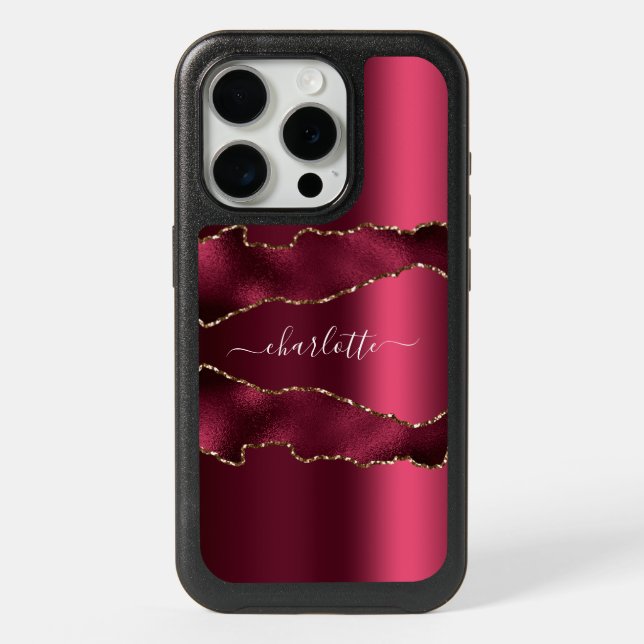 Burgundy gold agate marble name script iPhone 15 pro case (Back)