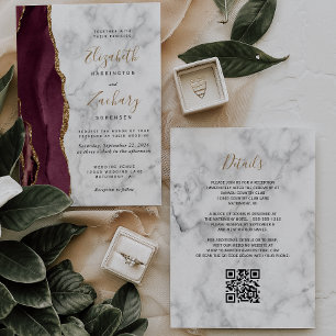 Burgundy Gold Agate Marble QR Code Wedding Invitation