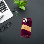 Burgundy gold agate marble rose gold name Case-Mate iPhone 14 case<br><div class="desc">A burgundy,  purple and faux gold agate,  marble stone print as background Personalize and add your name. The name is written with a modern hand lettered style script.</div>