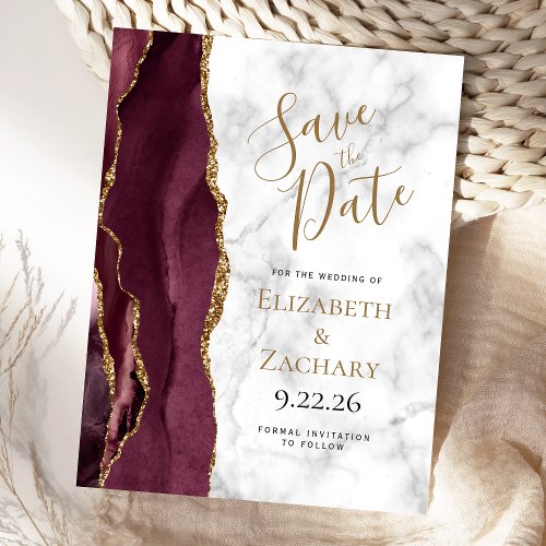Burgundy Gold Agate Marble Save the Date Announcement Postcard