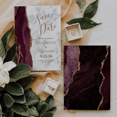 Burgundy Gold Agate Marble Save the Date Card
