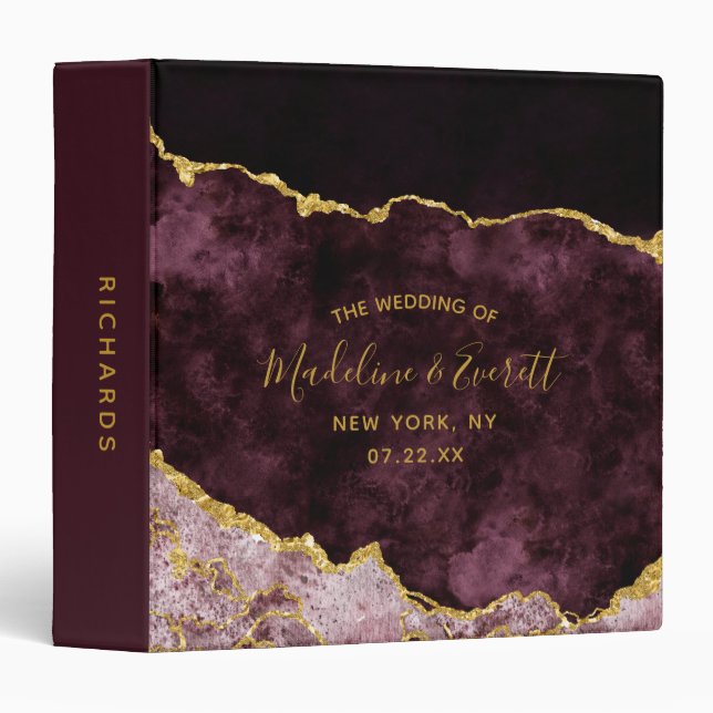 Burgundy Gold Agate Marble Wedding Photo Album 3 Ring Binder (Front/Spine)