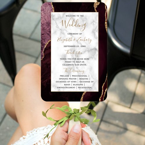 Burgundy Gold Agate Marble Wedding Program Hand Fan