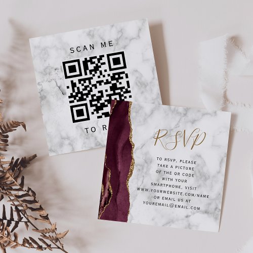 Burgundy Gold Agate Marble Wedding QR Code RSVP Enclosure Card