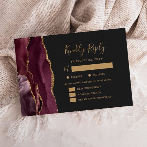 Burgundy Gold Agate Meal Options Dark Wedding RSVP Card