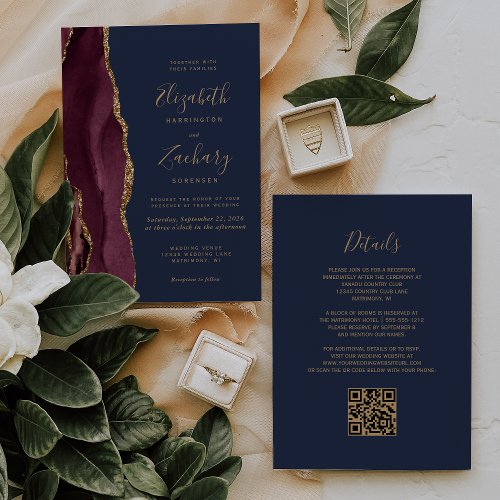 Burgundy Gold Agate Navy Blue QR Code Wedding Invitation