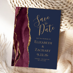 Burgundy Gold Agate Navy Blue Save the Date Announcement Postcard