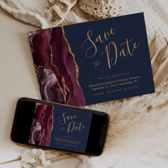 Burgundy Gold Agate Navy Blue Save the Date Invitation (Creator Uploaded)