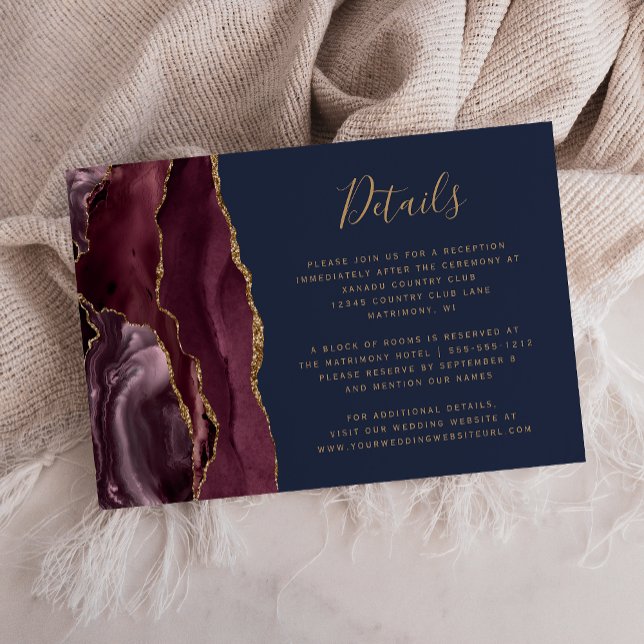 Burgundy Gold Agate Navy Blue Wedding Details Enclosure Card (Creator Uploaded)