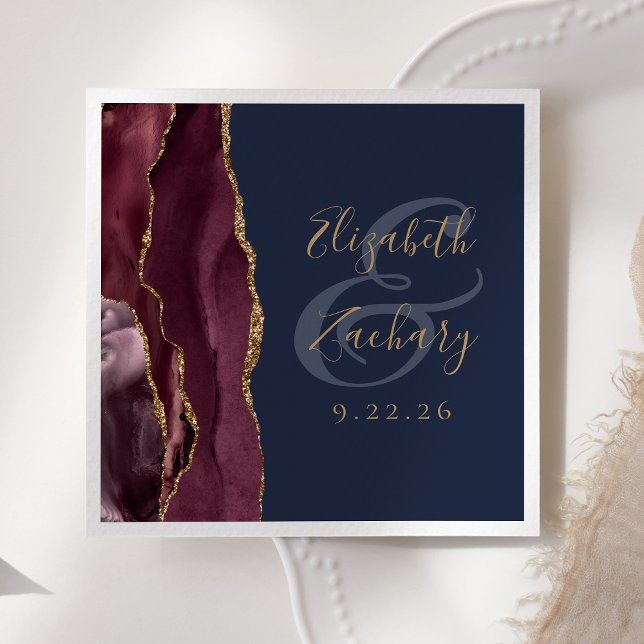 Burgundy Gold Agate Navy Blue Wedding Napkins (Creator Uploaded)