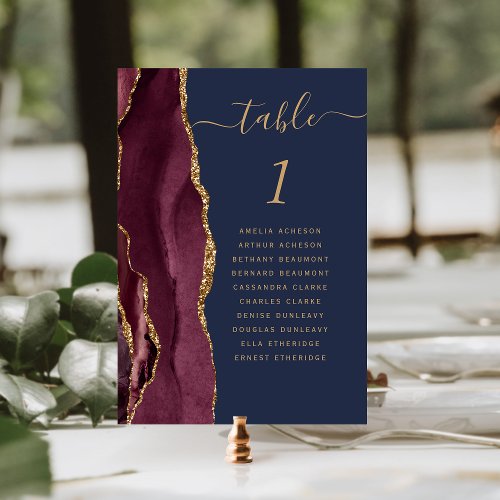 Burgundy Gold Agate Navy Blue Wedding Table Number