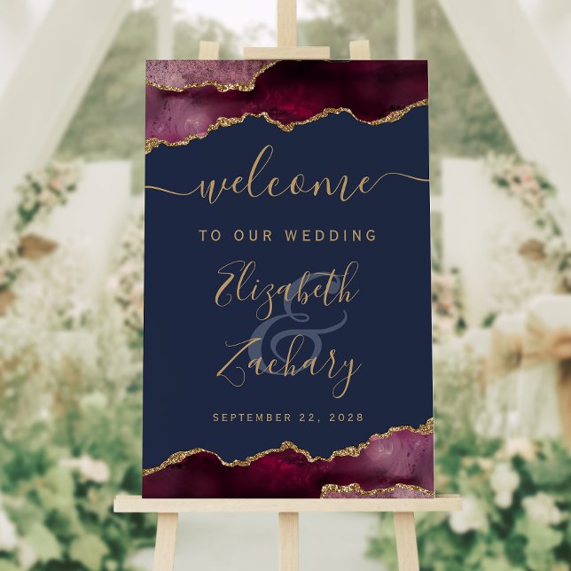 Burgundy Gold Agate Navy Vertical Wedding Welcome Foam Board (Creator Uploaded)