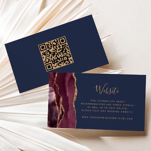 Burgundy Gold Agate Navy Wedding Website QR Code Enclosure Card