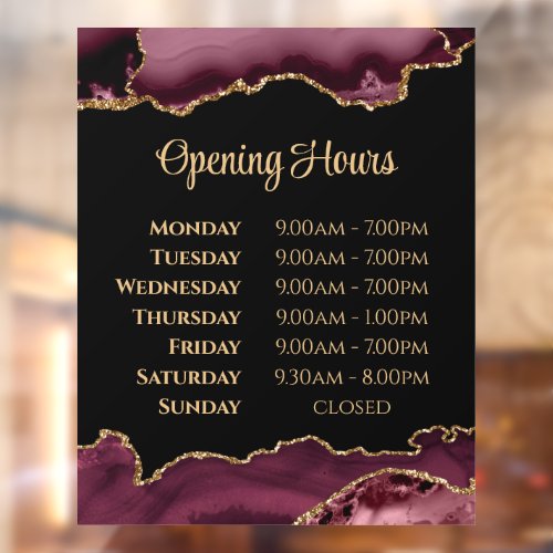 Burgundy Gold Agate Opening Hours Window Cling