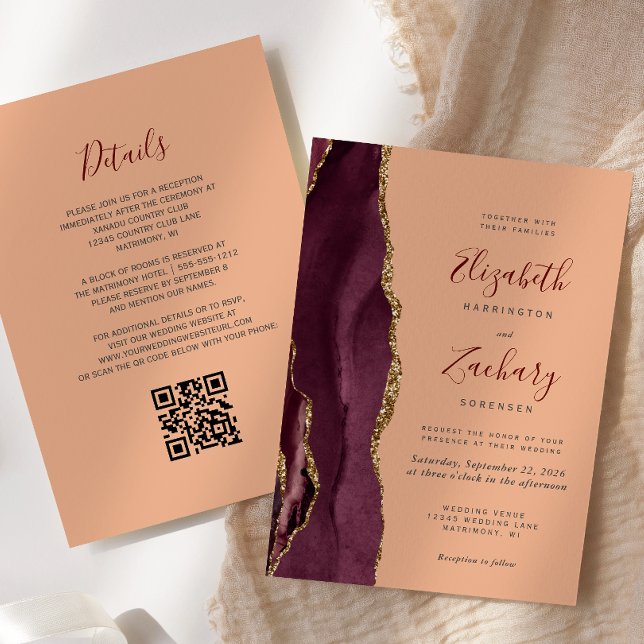Burgundy Gold Agate Peach QR Code Wedding Invitation (Creator Uploaded)