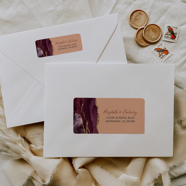 Burgundy Gold Agate Peach Wedding Return Address Label (Creator Uploaded)