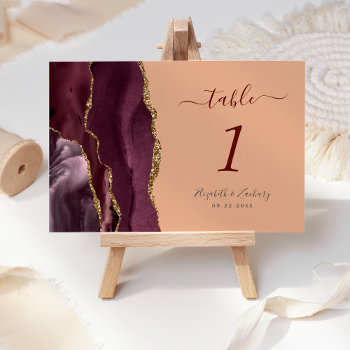 Burgundy Gold Agate Peach Wedding Table Number by Wedding_Paper_Nest at Zazzle