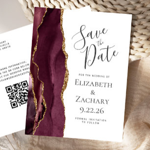 Burgundy Gold Agate QR Code Save the Date Announcement Postcard
