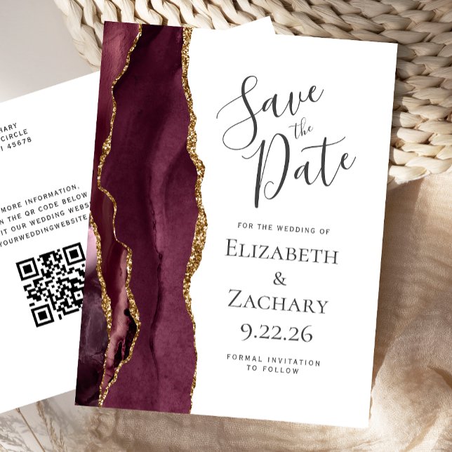 Burgundy Gold Agate QR Code Save the Date Announcement Postcard (Creator Uploaded)